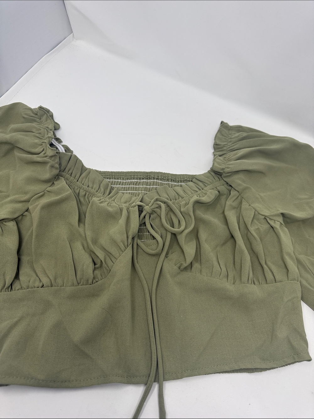 SHEIN Women’s Olive Green Off-Shoulder Peasant Crop Top long sleeve S - Picture 9 of 10